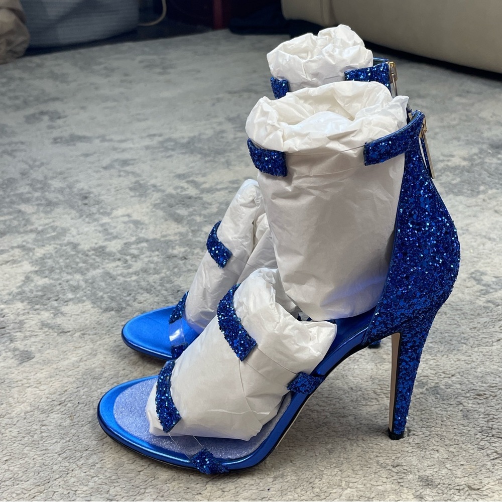 Nib Tamara Mellon Frontline 105 Glitter Cobalt Blue Heels Strappy Sz 40.5 — image 6 of 8